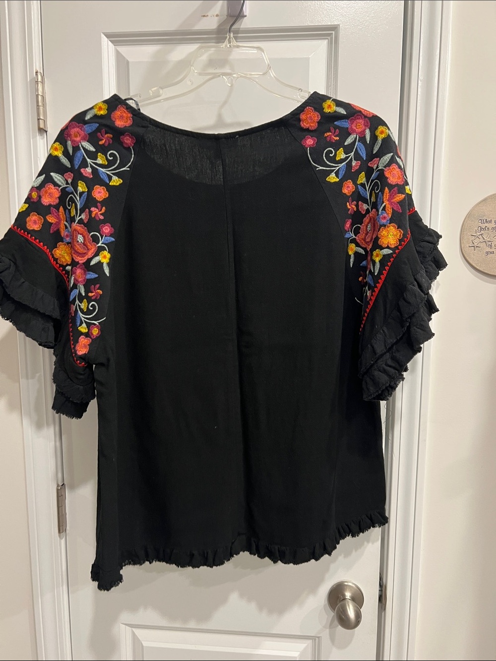 Umgee Black Top with Colorful Floral Embroidered Sleeves - Picture 5 of 6